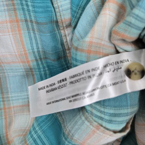 Ariat Real Billie Ray Shirt M Turquoise Plaid Button Down Relaxed Long Sleeve - Picture 9 of 14
